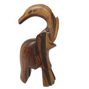 Vintage Hand Carved Wooden Elephant With Trunk Raised Safari Animal 6.25"